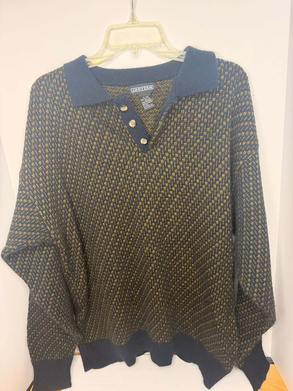 Vintage Jantzen Long Sleeve Knit Polo Shirt Blue and Gold Textured Sweater